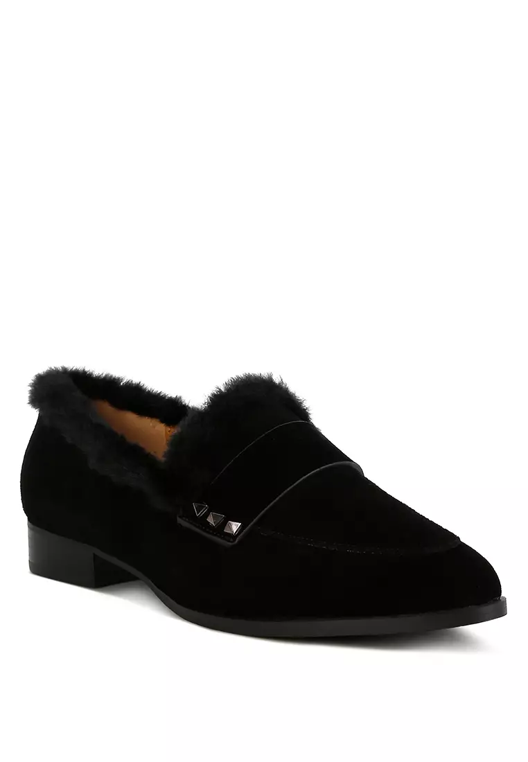 Fur Trim Suede Loafers in Black
