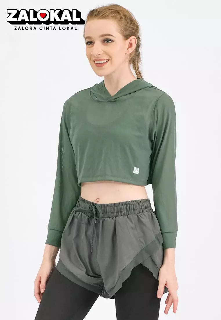 Fitwear - Croptop Jaring / Mesh / Sheer Olahraga BRENDA OUTER HOODIE LS CRP - FERN GREEN