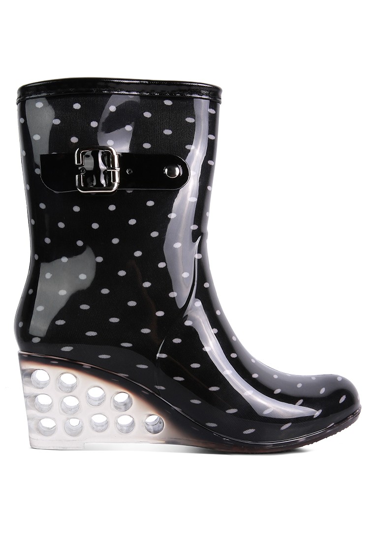 Black Polka Pattern Clear Wedge Boots