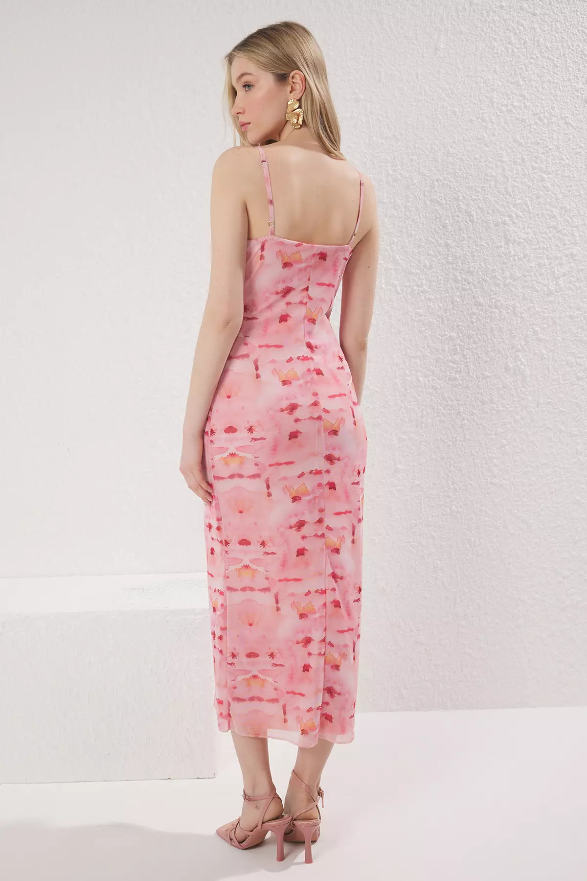 Pink Abstract Printed Tulle Drawstring / Drape Maxi Knitted Dress