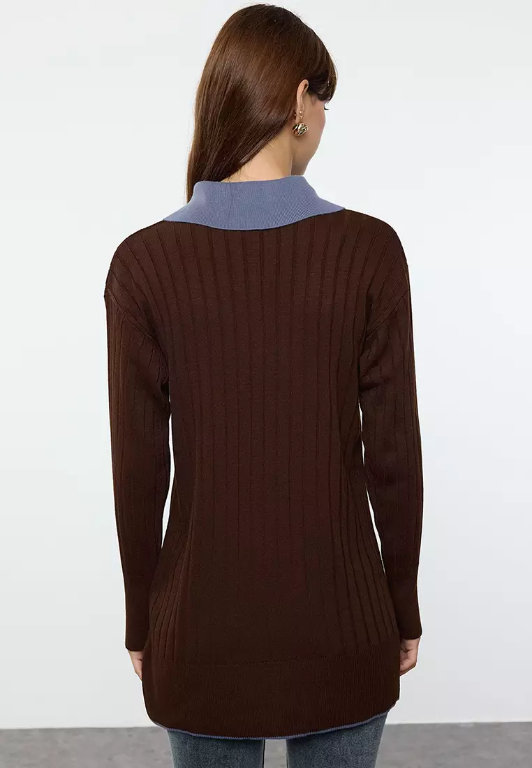 Brown Blue Color Block Ribbed Knit Sweater Tctaw25Ak00029