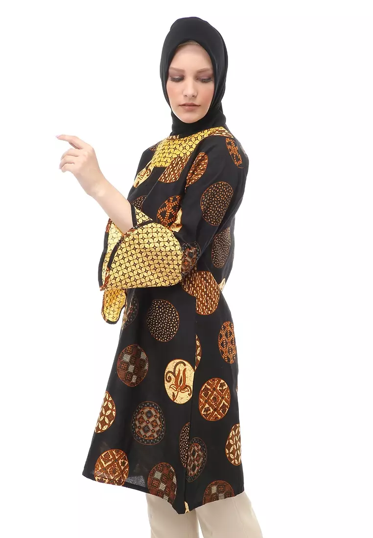 Tunik Batik Motif Koin Atasan Wanita Muslimah - Coklat
