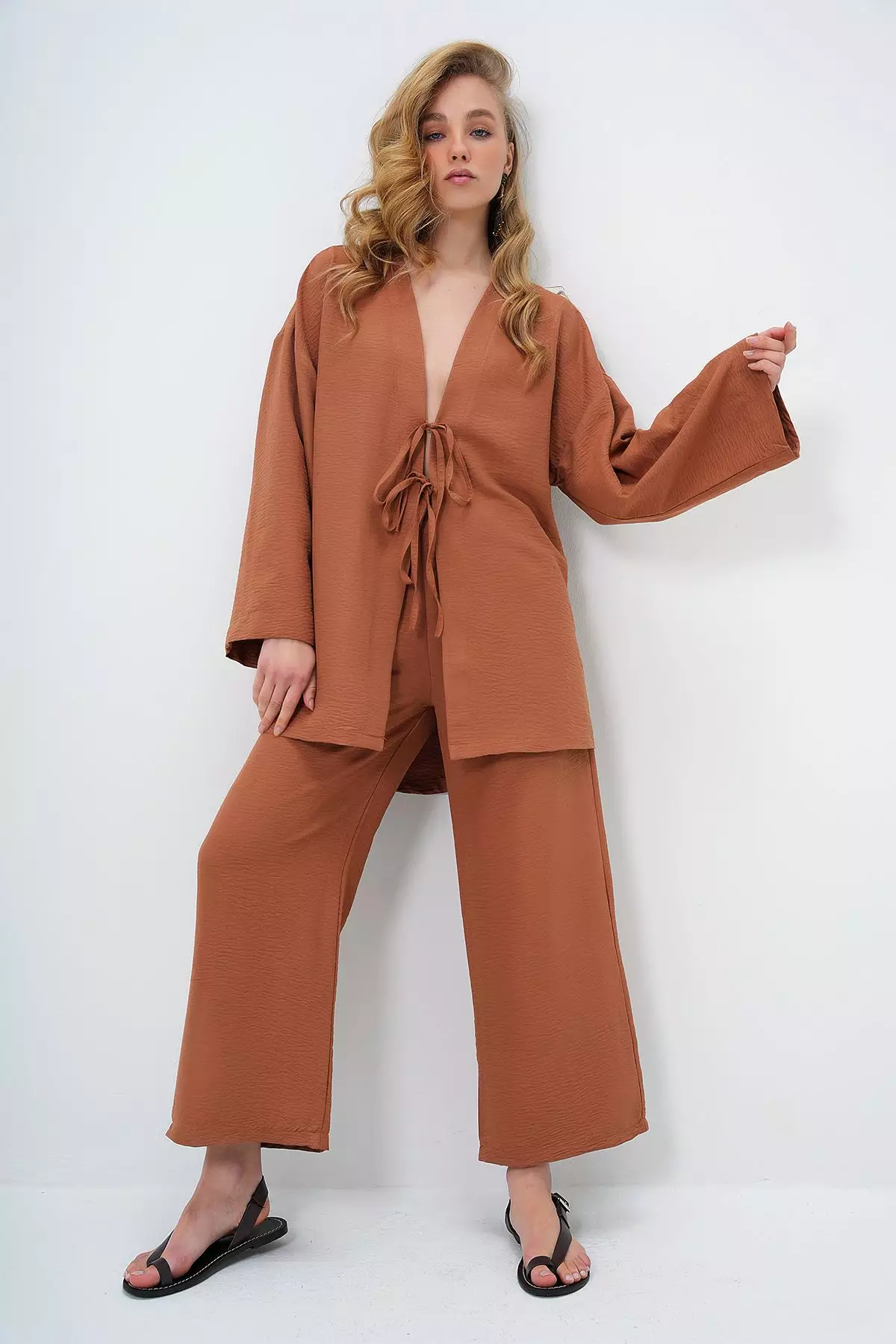 Women's Brown Lace-Up Kimono Jacket And Palazzo Pants Set Alc-X12452