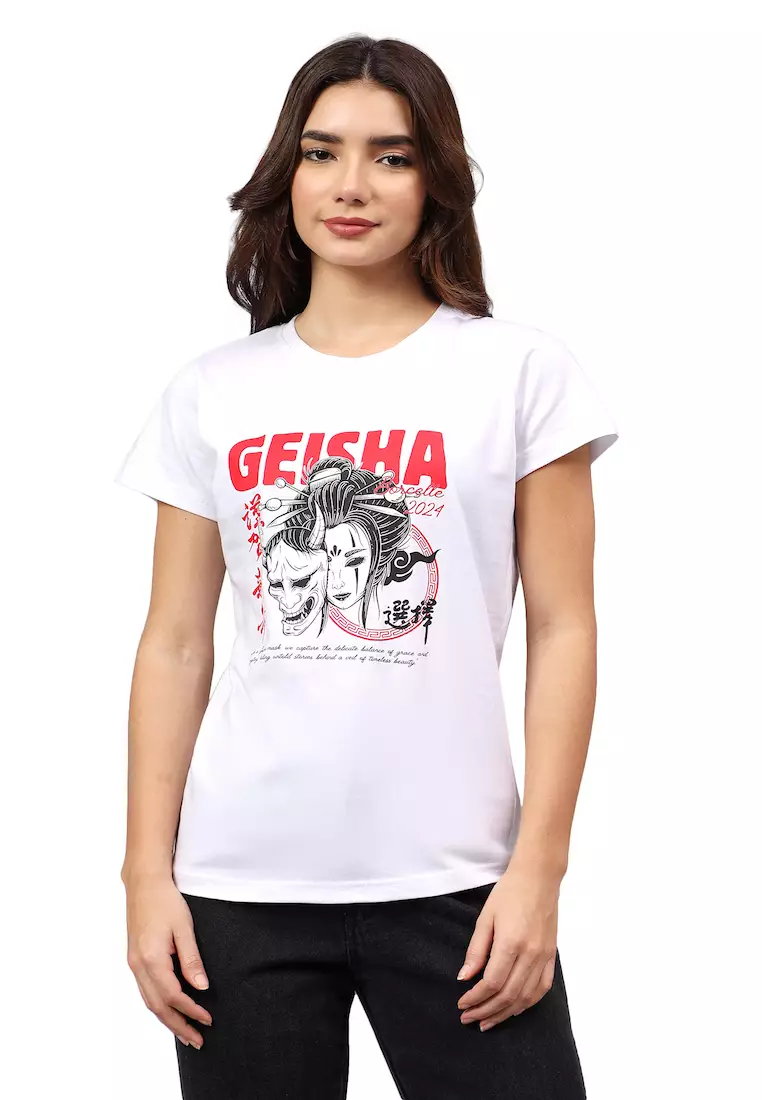 女款艺伎图案白色棉质常规版型T恤/T恤，短袖，圆领