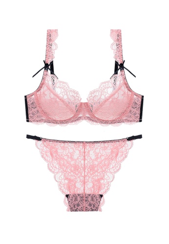 ZITIQUE pink Women's French Style 3/4 Ultra-thin Cup Lace Lingerie Set (Bra and Underwear) - Pink E2DF4US85E0DBAGS_1