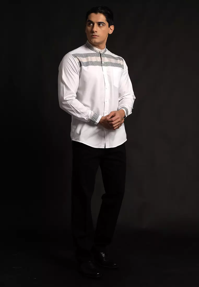 Casella Baju Koko Pria Lengan Panjang Horizontal Design | Koko Lengan Panjang Hadid 9905 White