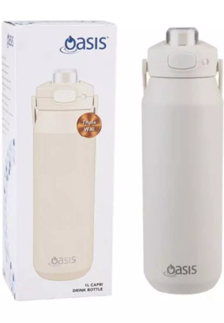 Oasis Ceramic Stainless Steel Triple Wall Capri Quick Release Drink Bottle 1L - Alabaster