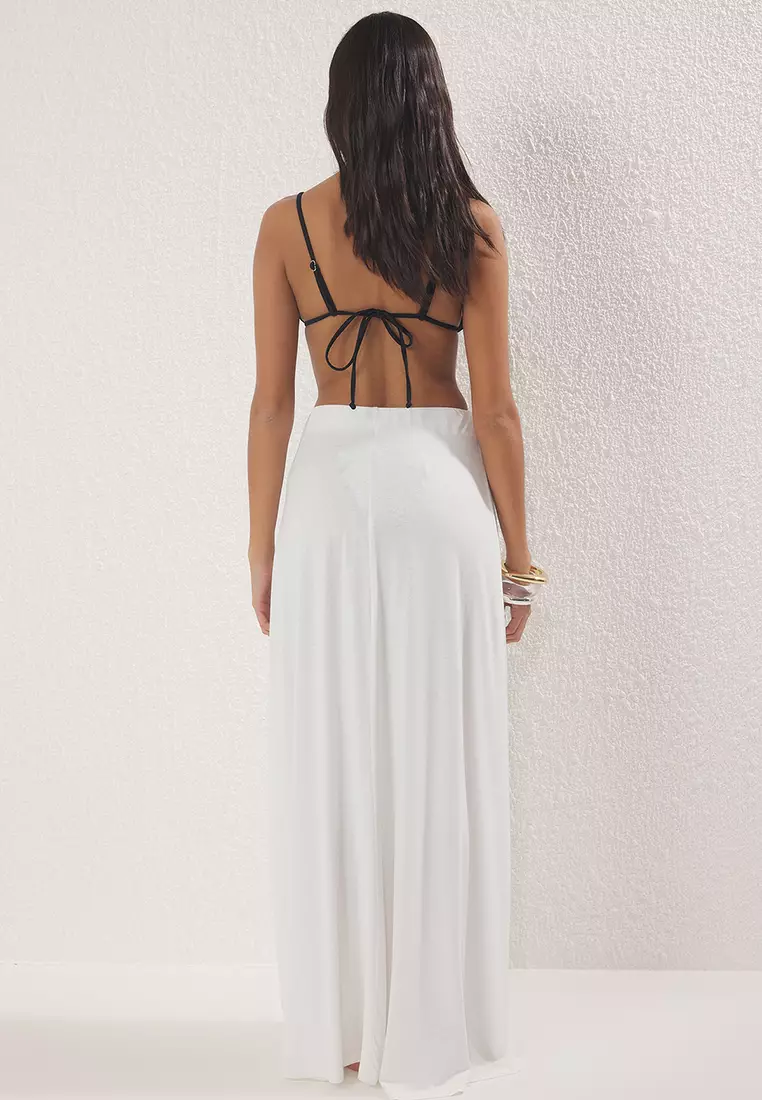 Ecru Maxi Knitted Slit Beach Skirt Tbess25Et00005