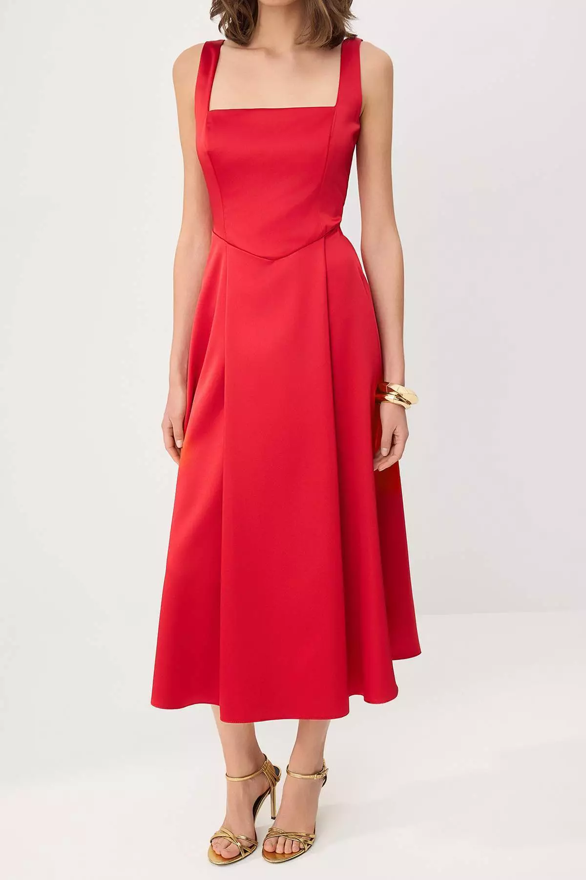 Red Straight Skirt With Open Waistline, Woven Satin Midi, Unlined, Stylish/Evening Dress