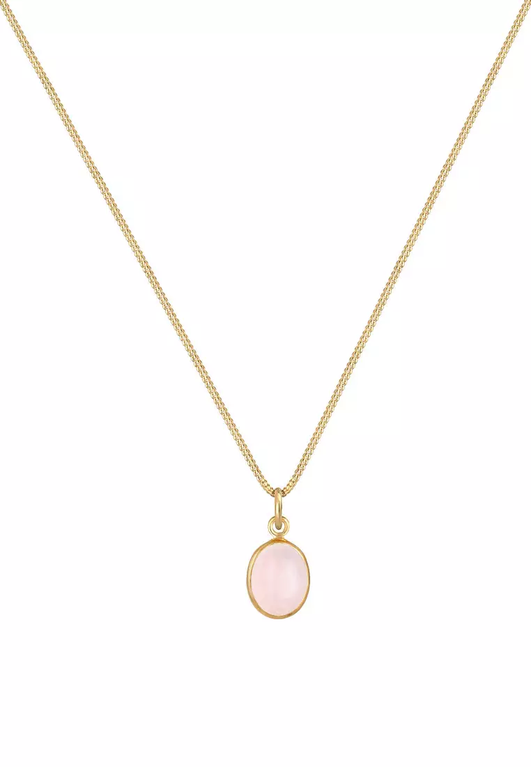 Kalung Perhiasan Perak 925 Wanita Oval Minimalist Trend Basic Rose Quartz Gold Plated