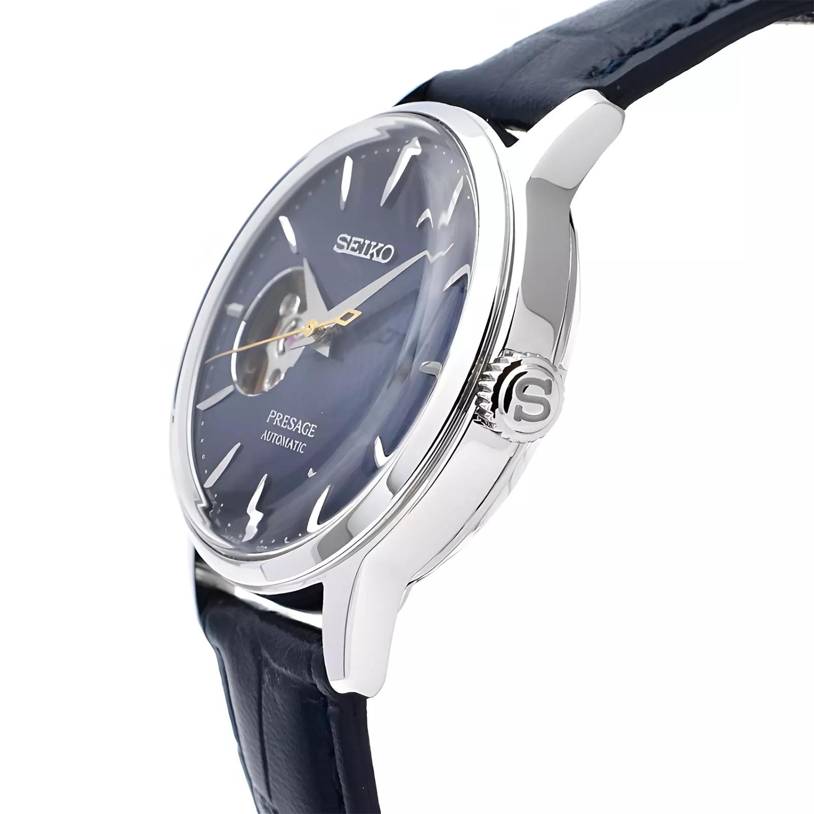 Seiko Presage - Jam Tangan Analog Wanita - Cocktail Blue Moon Open Heart Dial Black Leather Strap - SSA785J1