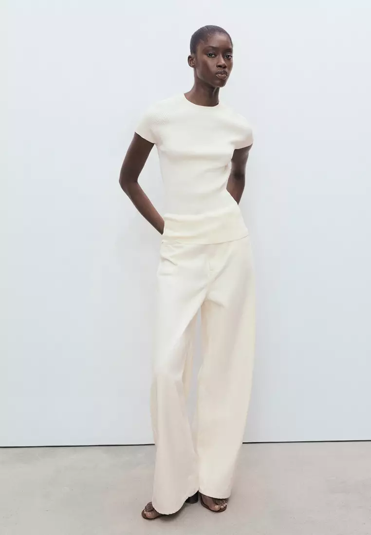 Ribbed-Knit Short-Sleeved Sweater