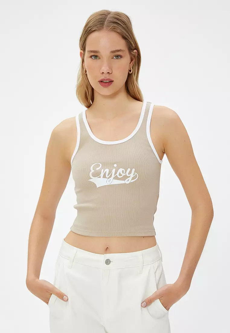 Slogan Printed Ribbed Top