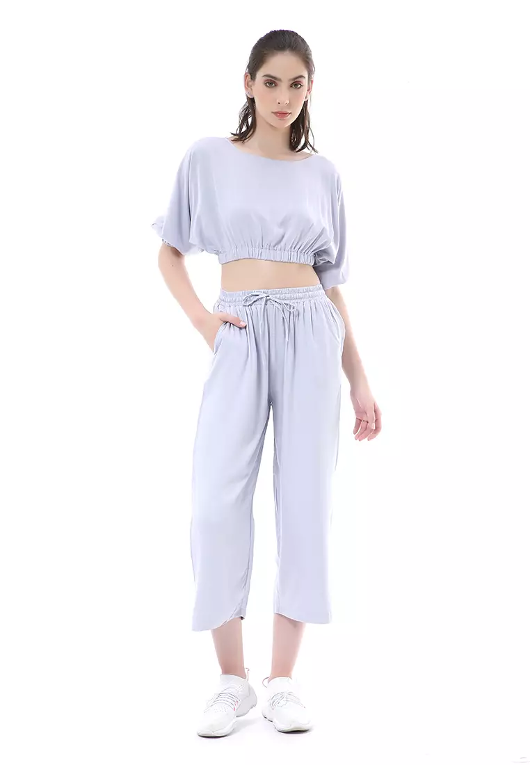 Nayra One Set Setelan Wanita Atasan Crop Lengan 3/4 Celana Kulot Material Rayon ORIGINAL - Bluegray