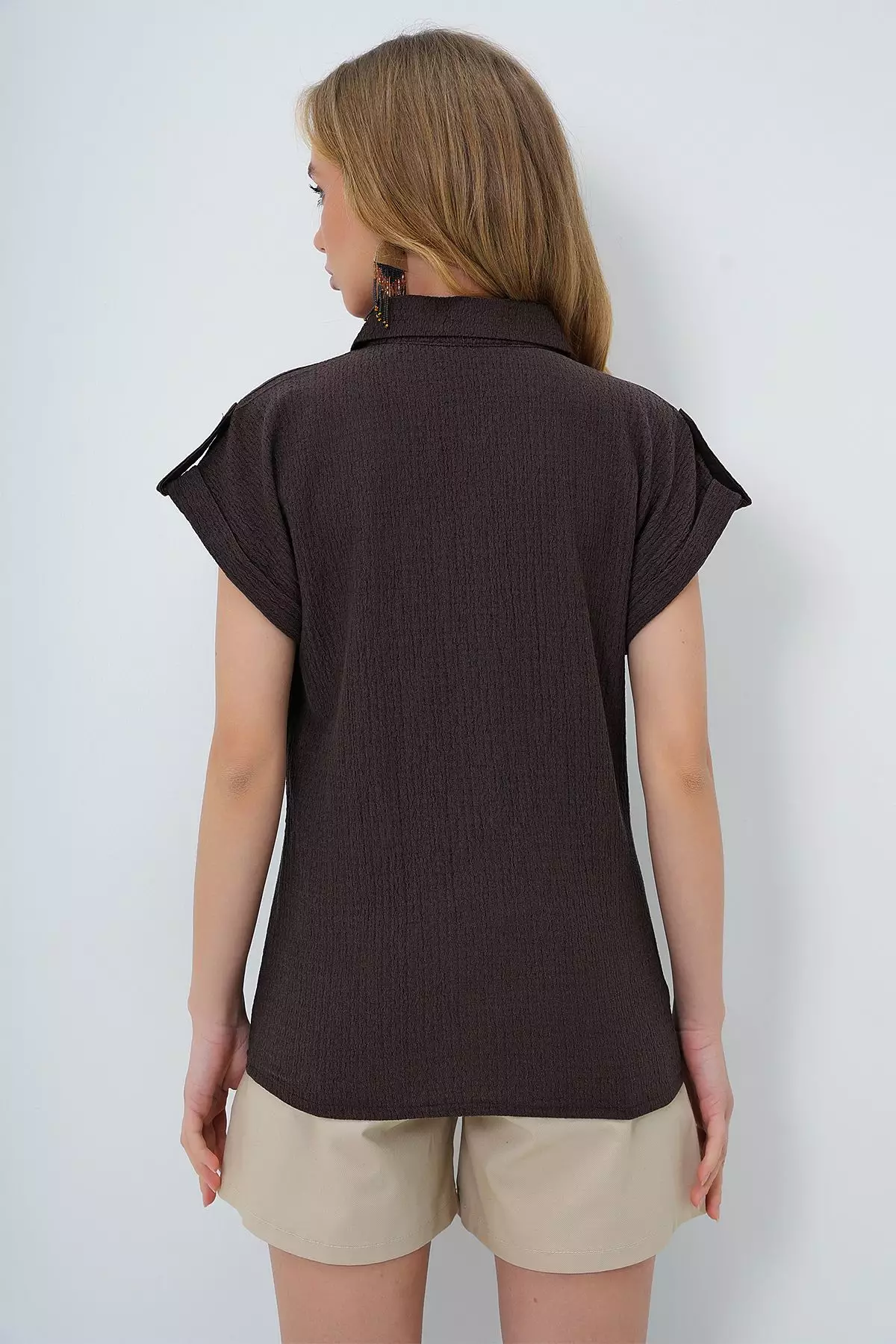 Women's Brown Cuffed Double Short Sleeve Textured Shirt