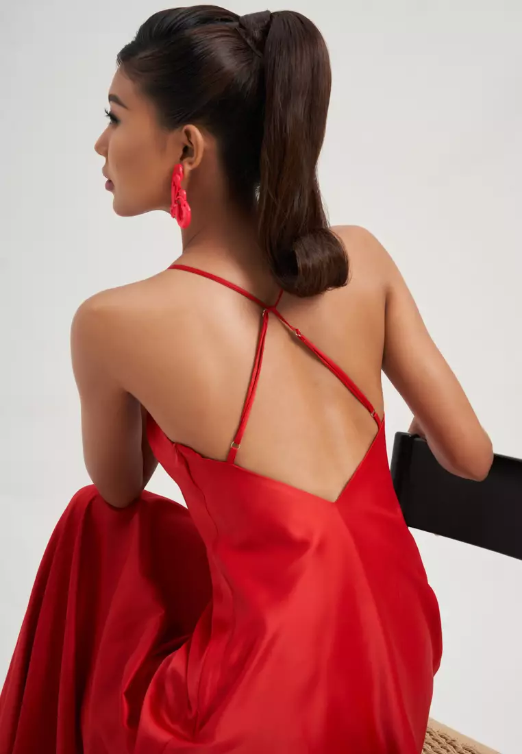 SOLID RED SILK MAXI DRESS