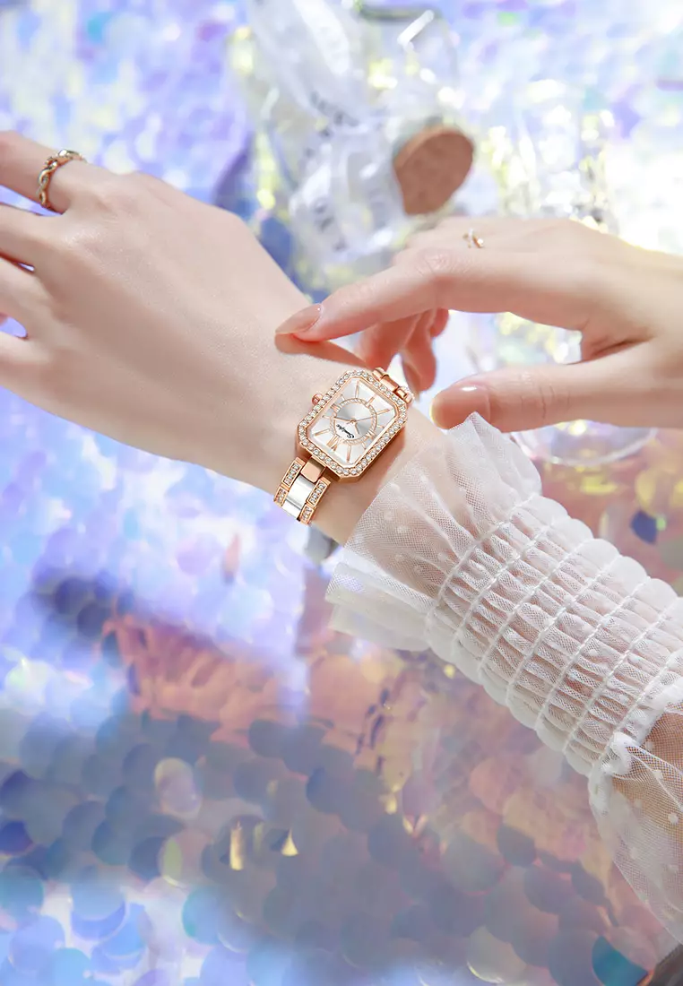 Jam Tangan Wanita Original Korea Kuasar Berlian Square Tali Stainless Steel Anti Air Jam Tangan Cewek silver