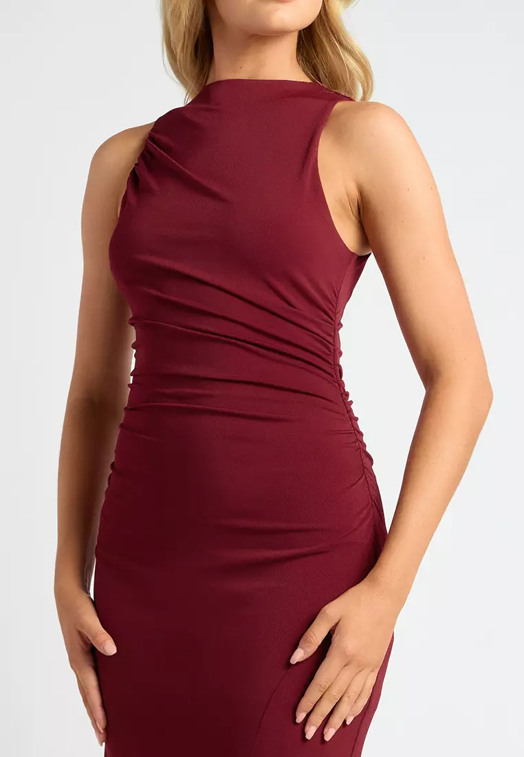 Ruched Detail Racer Jersey Dress With Side Slit