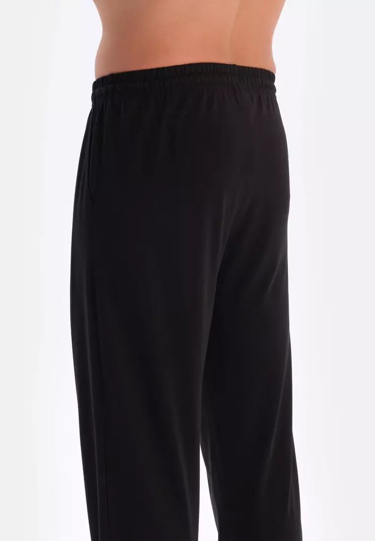 Black T-Shirt & Trousers & Shorts Knitwear Set, Crew Neck, Regular, Long Leg, Short Sleeve Sleepwear for Men