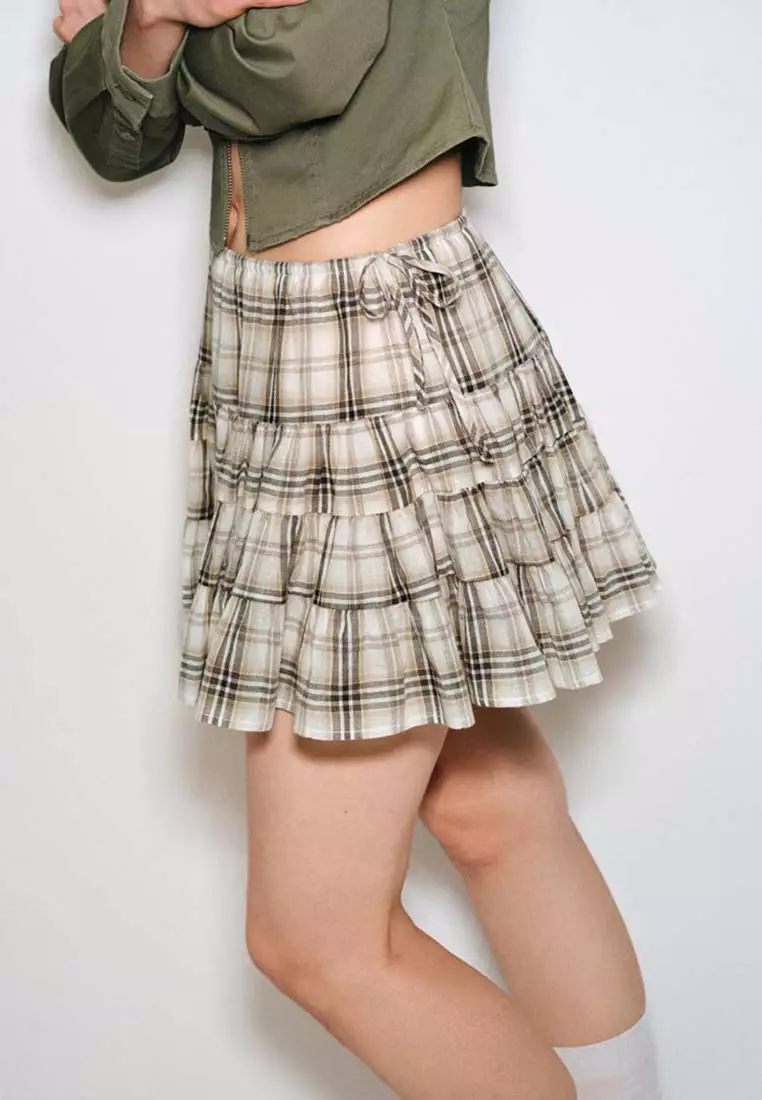 Drawstring Tie Side Plaid Layered Ruffle Cotton Mini Skirt