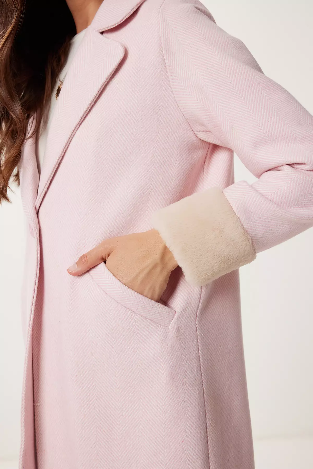 Women's Candy Pink Double Breasted Collar Fur Cashmere Coat Dd01367