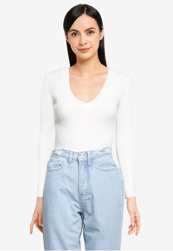 MISSGUIDED white Skinny Rib Knitted V Neck Body 76FD5AAF955235GS_1