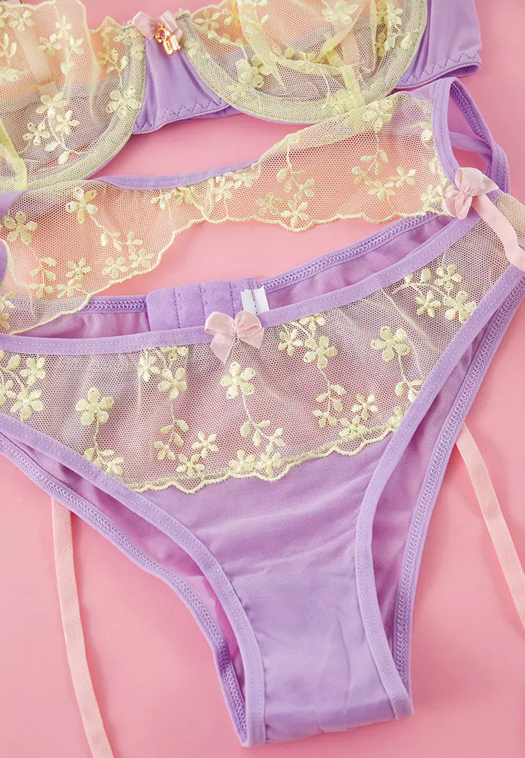 Lilac Yellow Tulle Garter Buckle Leg Band Capless Suspender Knitted Underwear Set