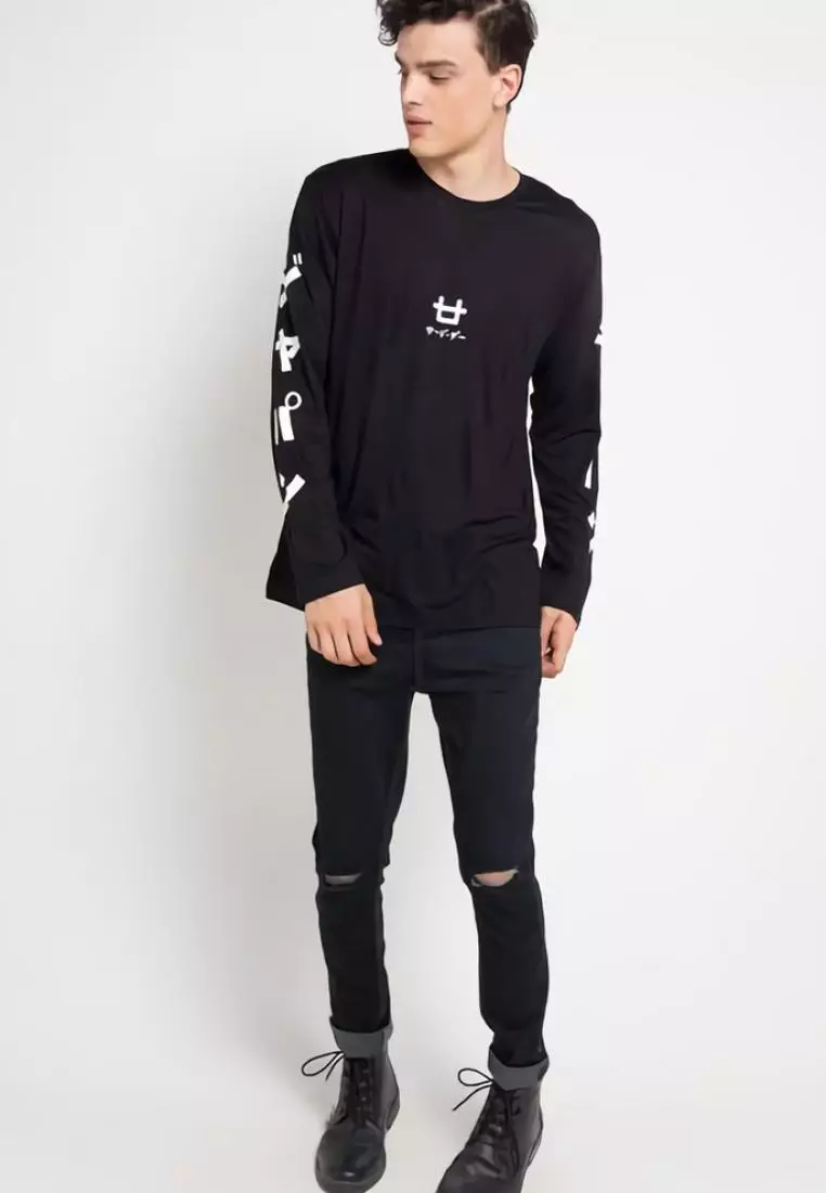 MTD14B Kaos Distro Lengan Panjang Logo Midchest Japan Arm Hitam