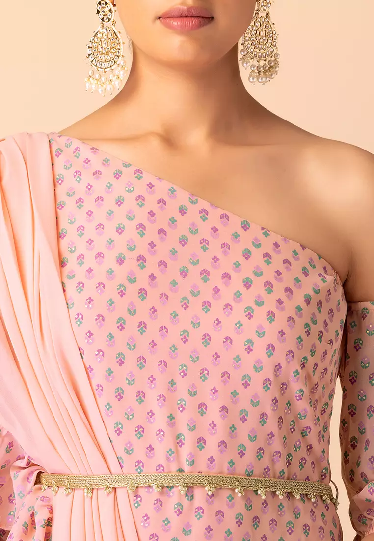 Pastel Pink Floral Print Sharara And Short Kurta With Attached Ruffled Dupatta And Belt (Set of 3)