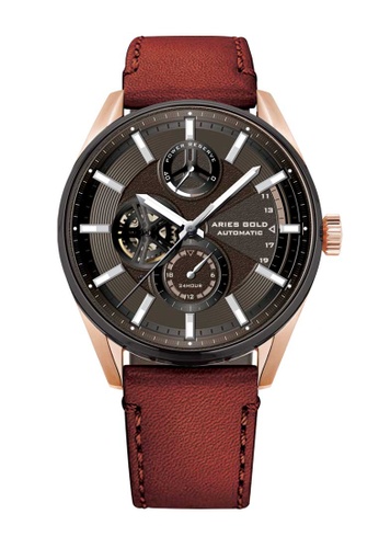 Aries Gold 褐色 Aries Gold Roadster Black, Rose Gold and Brown Leather Watch 61863ACA84F7BCGS_1