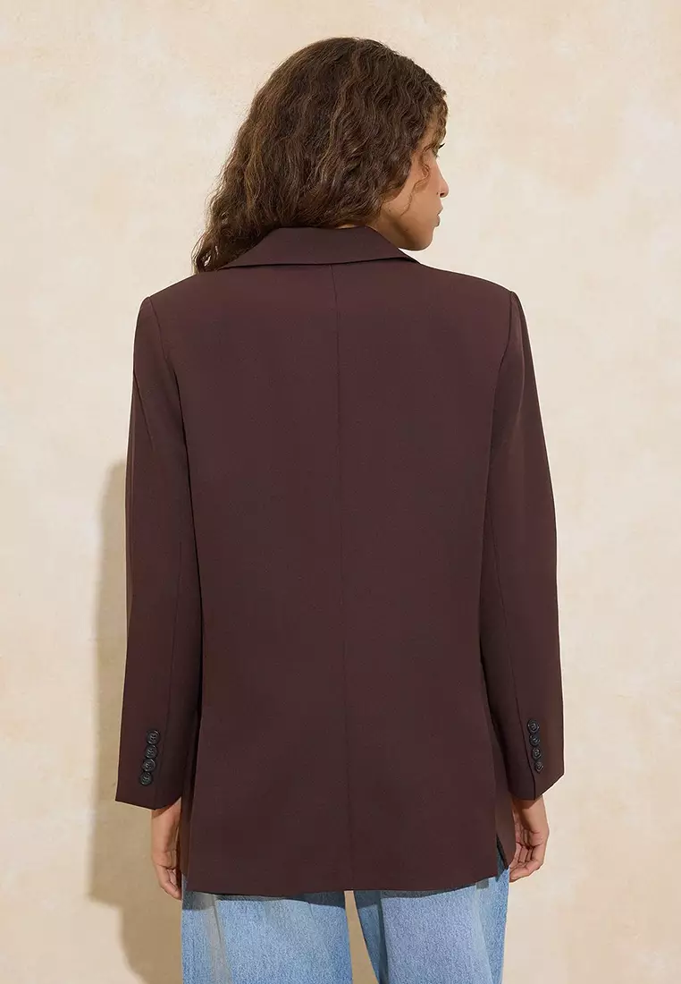 Dark Brown Oversize Woven Blazer Jacket Twoaw24Bc17