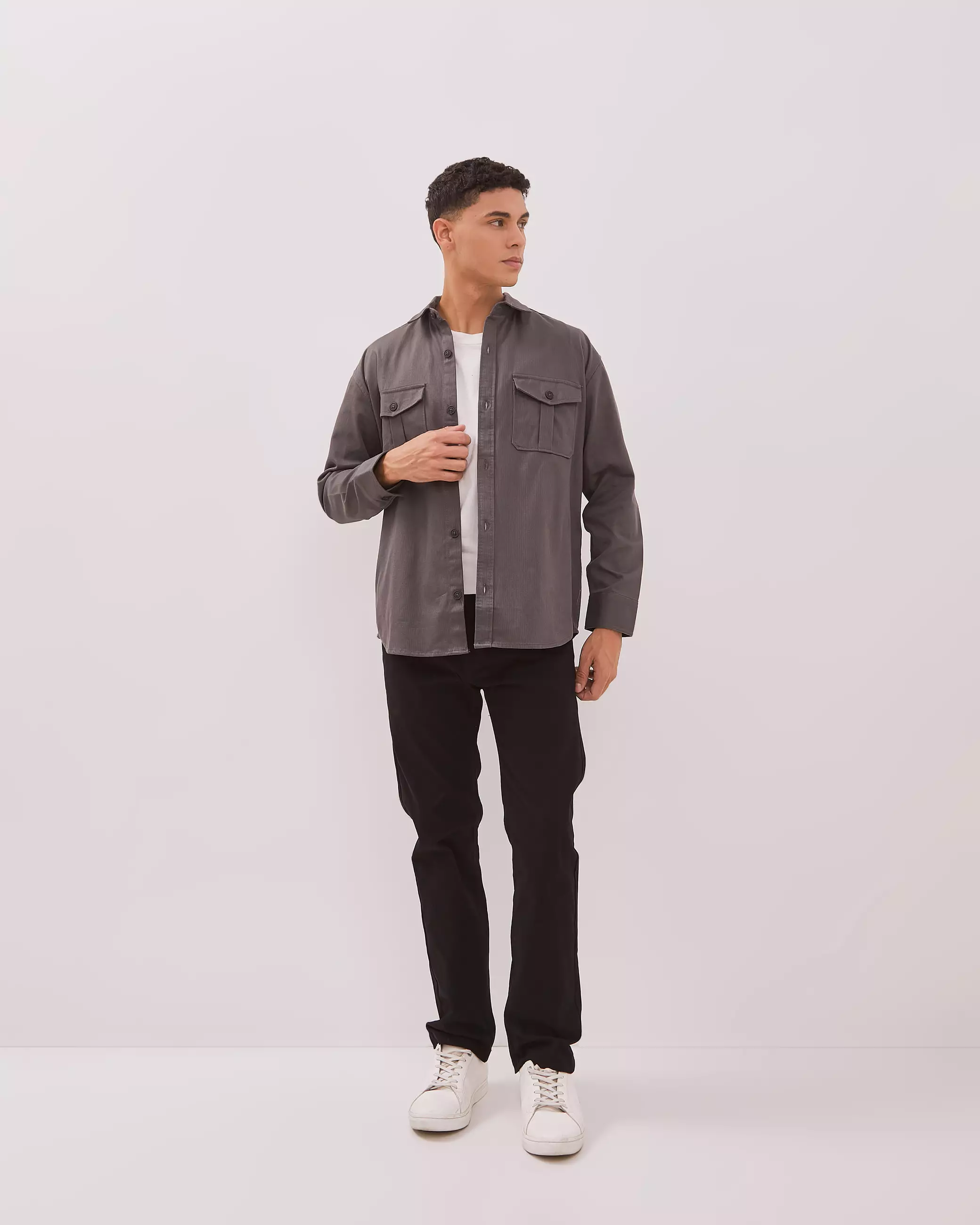 AMK Kemeja Polos Oversize Pria Lengan Panjang SHS Nelson Ls Dark Grey