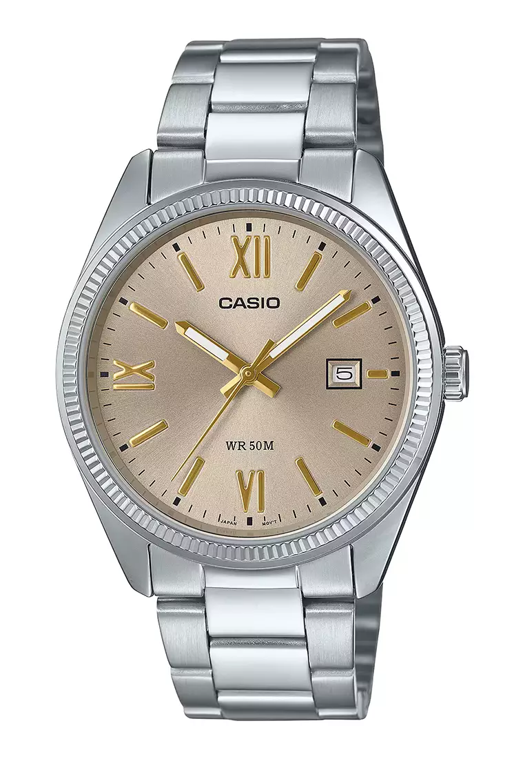 Casio MTP-1302DD-9AV - Jam Tangan Analog Pria - Silver Stainless Case Light Gold Dial
