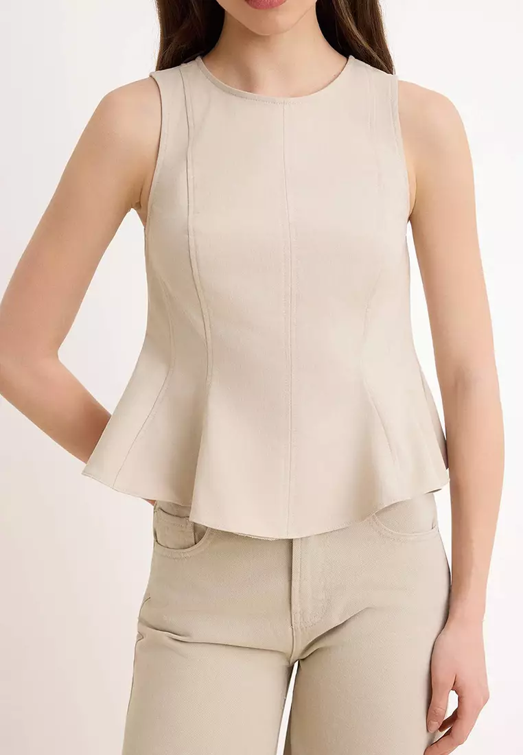 Beige Peplum Detailed Gabardine Woven Blouse Twoss26Bz449