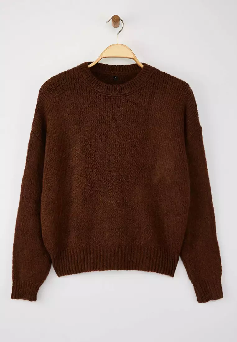Brown Wide Fit Soft Textured Basic Knitwear Sweater