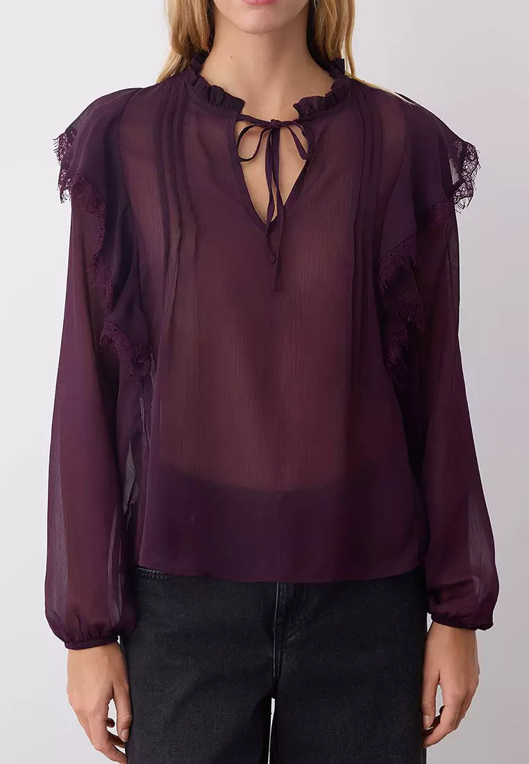 Plum Chiffon Transparent Lace Detailed Woven Blouse Twoaw26Bz00182