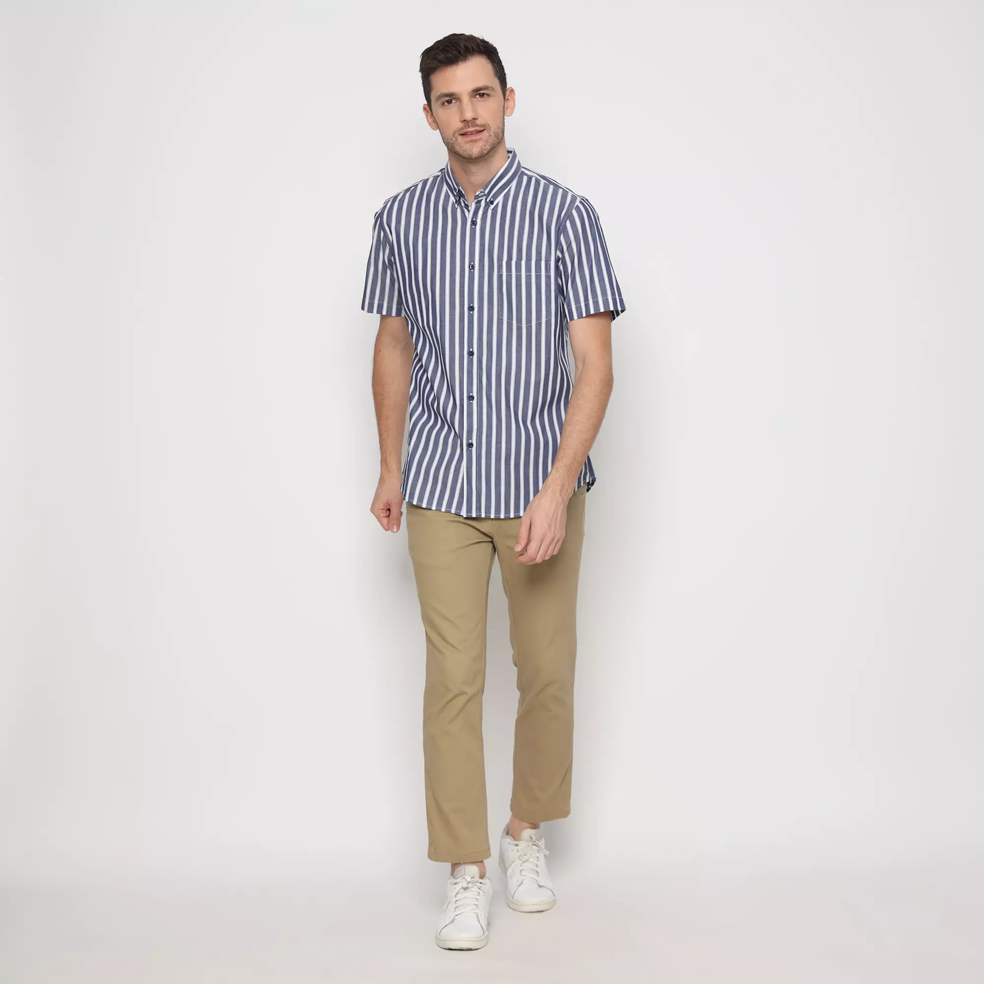 Platini Kemeja Motif Salur Pria Lengan Pendek Katun Navy 73466