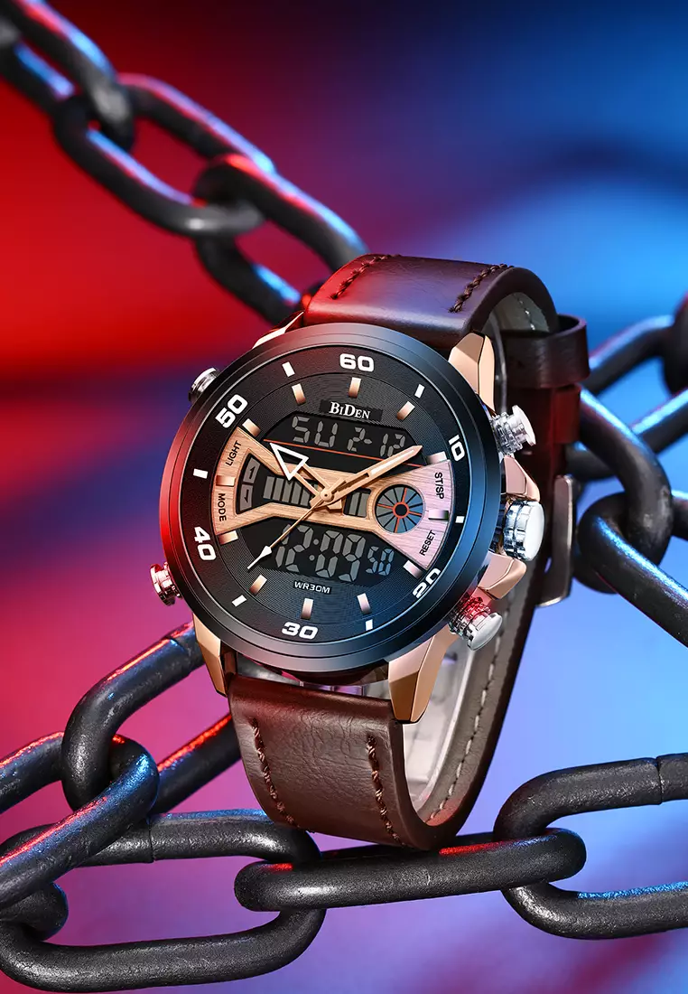 Jam Tangan Pria Olahraga Dual Movement Tampilan Tanggal Chronograph Anti Air Kuarsa Tali Kulit