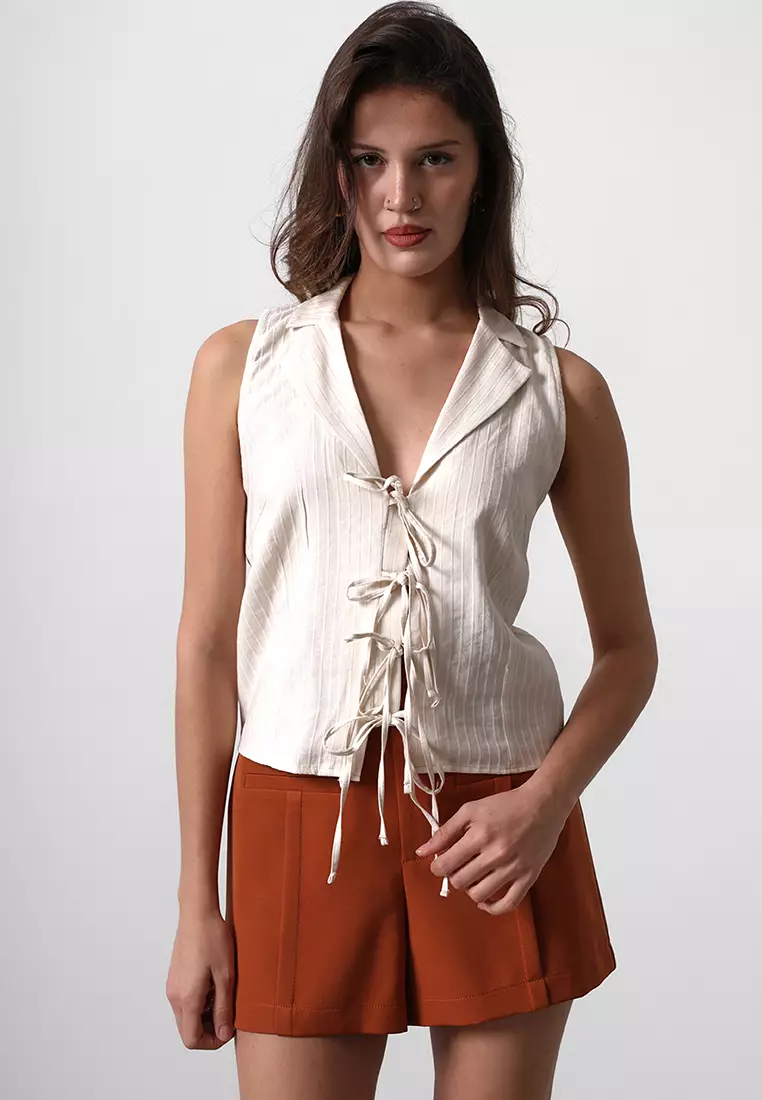 Beige Jacket Collar Front Tie Detailed Regular Woven Blouse TWOSS25BZ00165