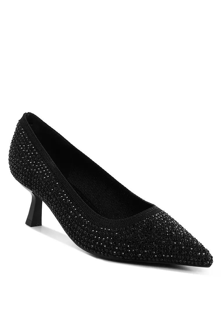 Sepatu Pumps Flyknit Rhinestone Bernapas dalam Warna Hitam