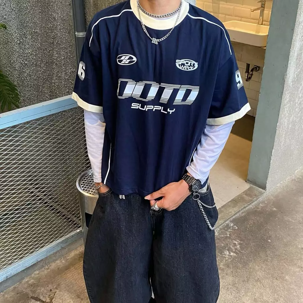 OOTDSUPPLY Oversized Boxy Raceflux Navy Ringer Line | Oversize Pria & Wanita | Kaos Unisex | OS-OVZ-BX-RL002