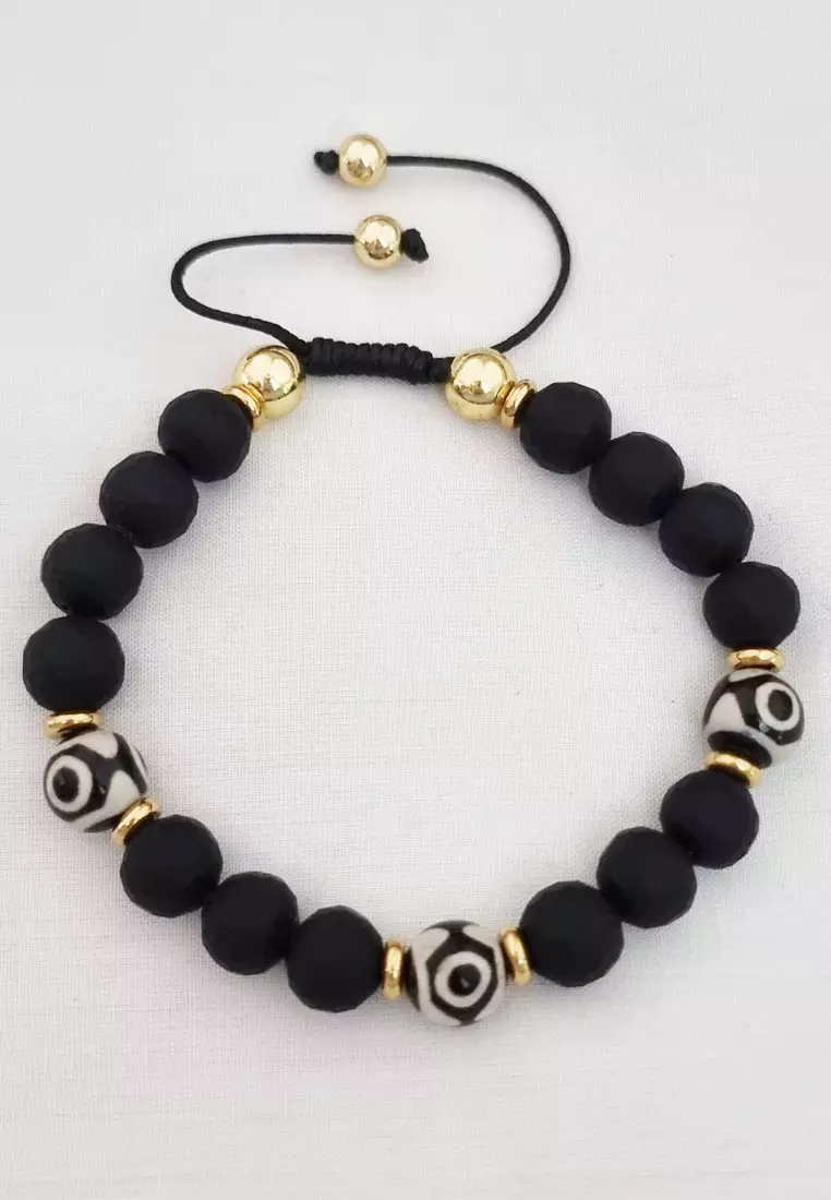Aksesoris Pria Men's Accessories Tribal Agate Obsidian Beads Macrame Men's Bracelet Gelang Pria Black & Gold
