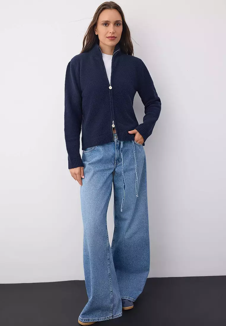 Wardrobe Essentials Navy Blue Wool Zippered Stand Collar Daisy Knit Cardigan |