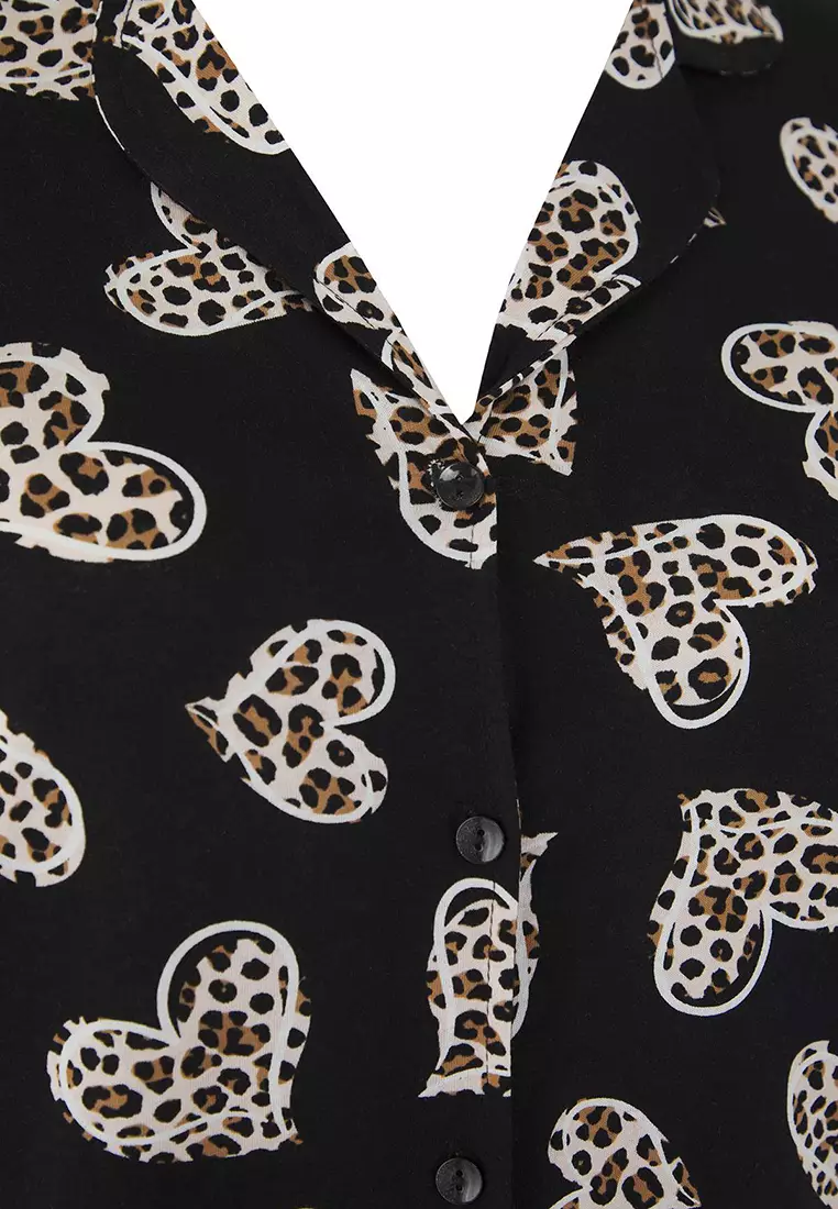 Black 100% Cotton Heart & Leopard Patterned Shirt-Pants Knitted Pajama Set Tbbaw26Ai00017