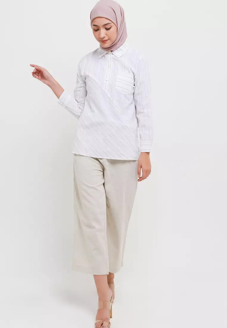 MFMW Jinrong Blouse Coklat Cream Motif Garis