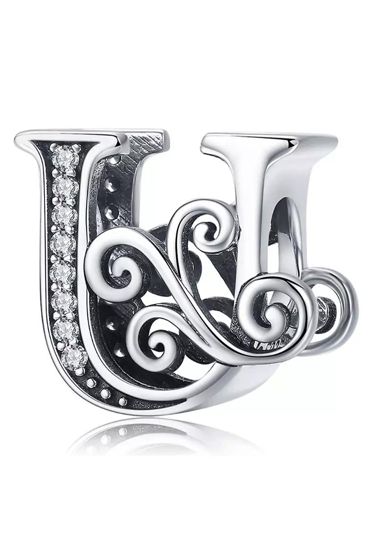 Solid 925 Sterling Silver Vintage Inspired Antique Alphabet Charm U