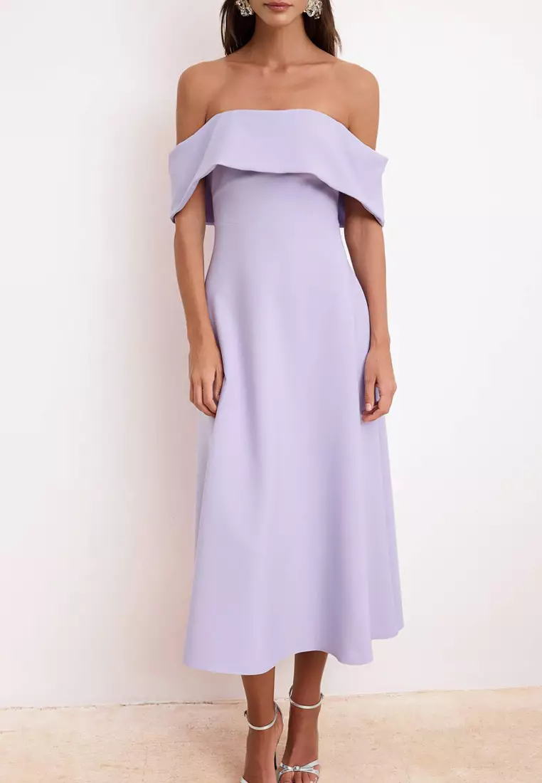 Lilac Straight Skirt With Open Waist Woven Finike Midi Unlined Stylish/Evening Dress