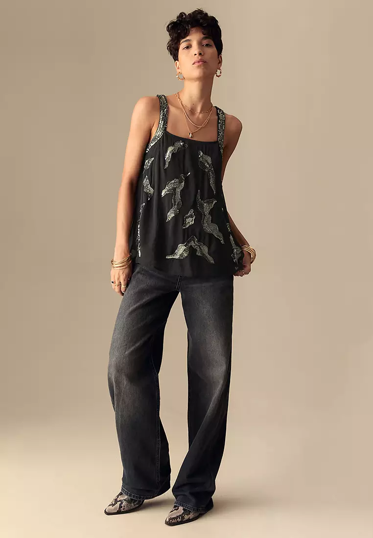 Sequin Embellished Square Neck Cami Tops