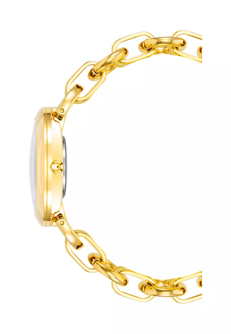 White Dial with Pearlings Gold Tone Round Watch with Black Enamel band