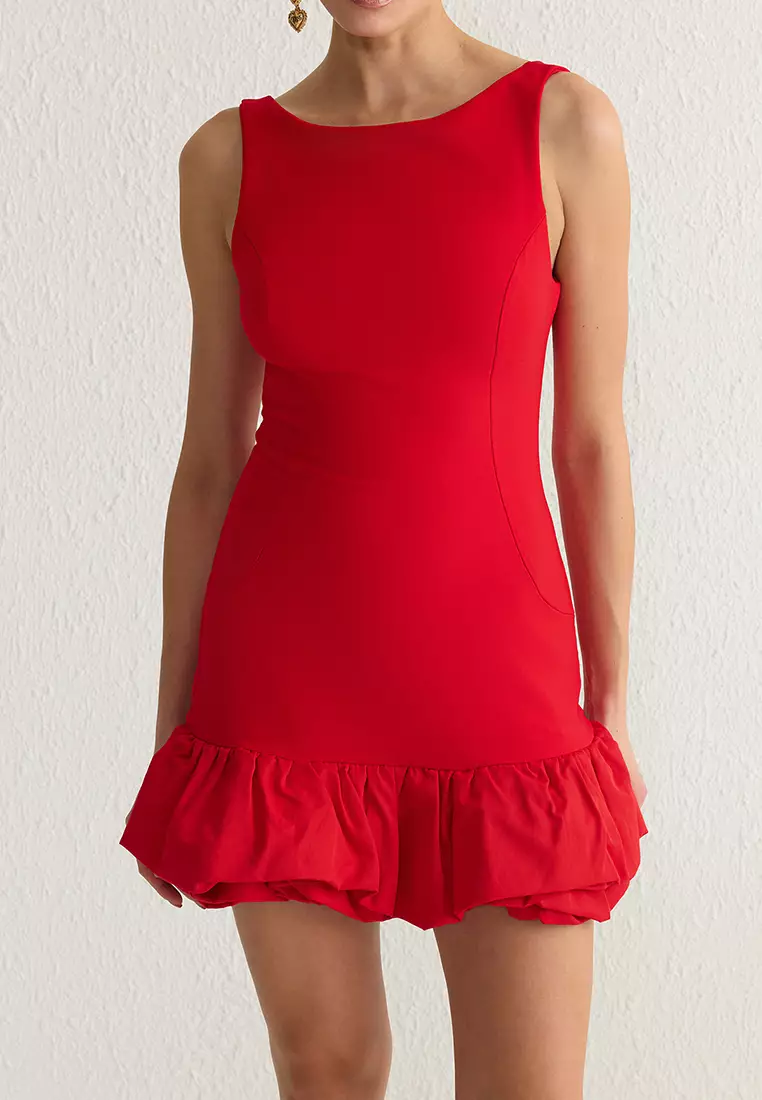 Red Balloon Skirt Detailed Woven Short Dress With Shorts Lining